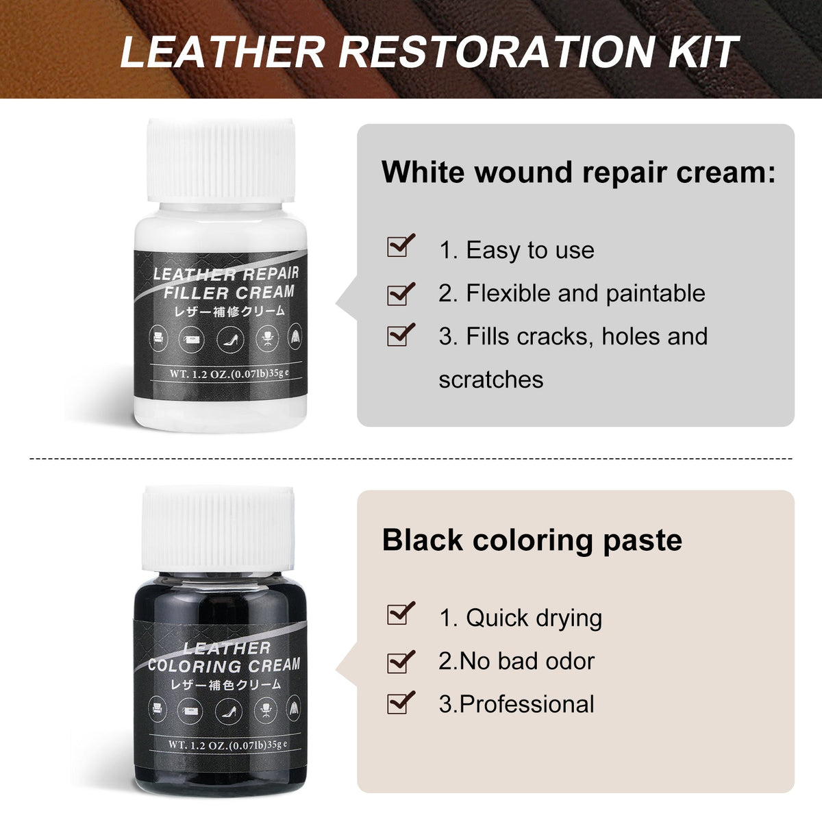 DEWEL Leather Repair Cream & Shoe Polish Kit for Leather Shoes and Products