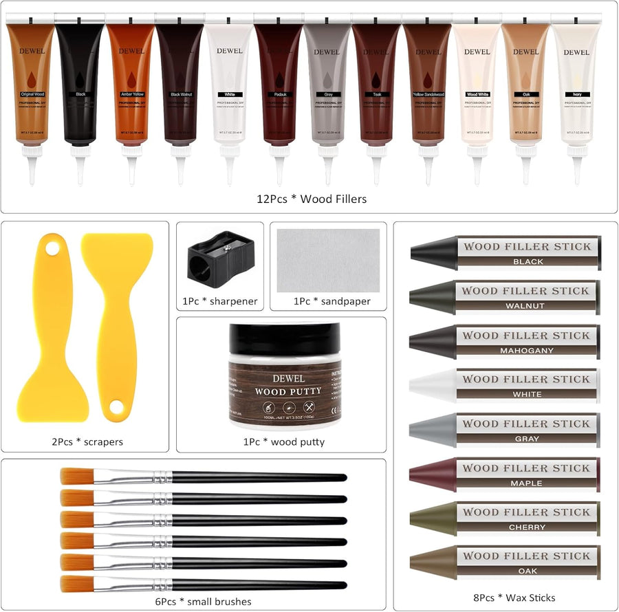DEWEL 31 Pcs Wood Furniture Repair Kit – Fillers, Wax Sticks & Putty for Scratches