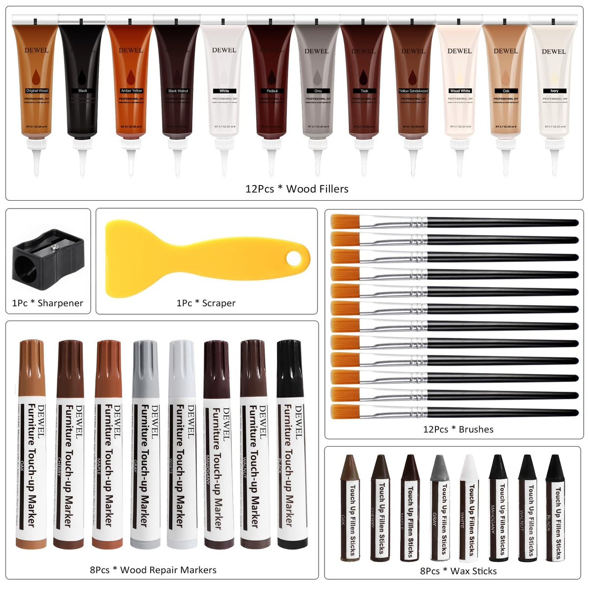 DEWEL 42PCS Wood Furniture Repair Kit – Upgrade Wood Filler, Touch Up Markers & Wax Sticks for Scratches, Cracks & Holes