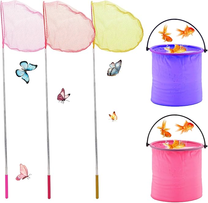 DEWEL 3PCS Kids Telescopic Fishing and Butterfly Nets with Bucket Nature Exploration Toys