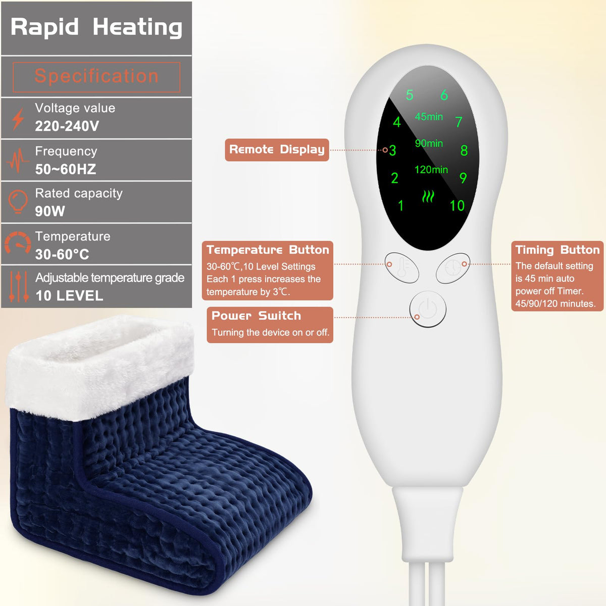 EU Plug – Double-Speed Heating Foot Warmer, 10 Adjustable Levels, Multi-Safety Protection, Washable Inner Lining | DEWEL