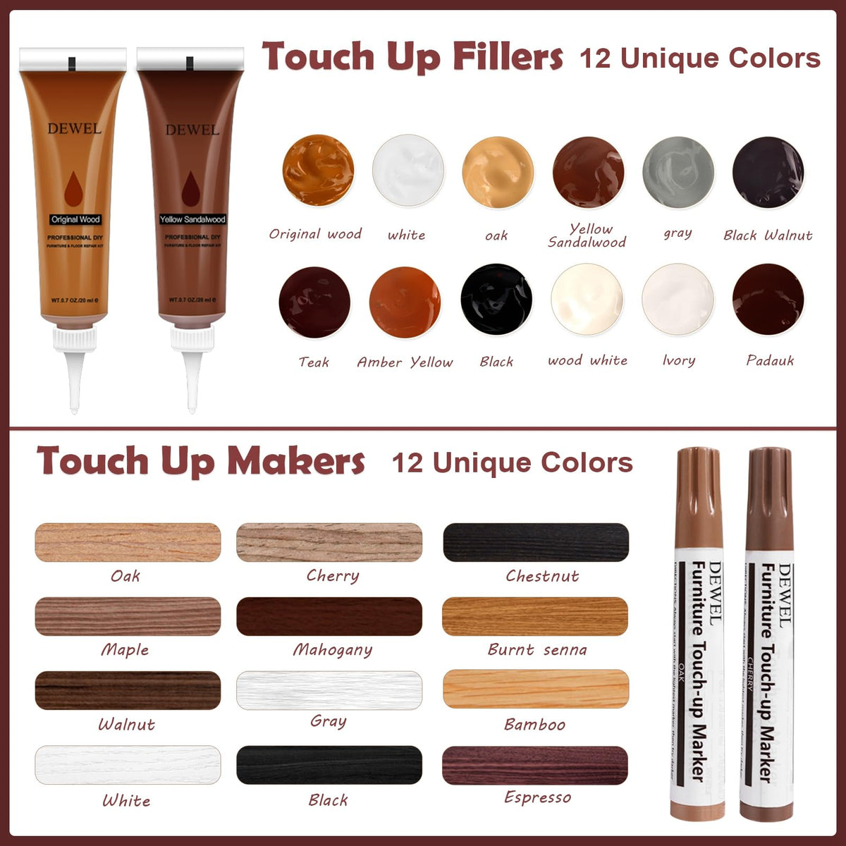 DEWEL 42PCS Wood Furniture Repair Kit – Upgrade Wood Filler, Touch Up Markers & Wax Sticks for Scratches, Cracks & Holes