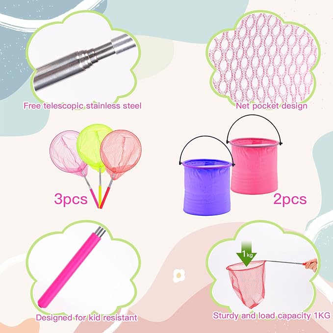 DEWEL 3PCS Kids Telescopic Fishing and Butterfly Nets with Bucket Nature Exploration Toys