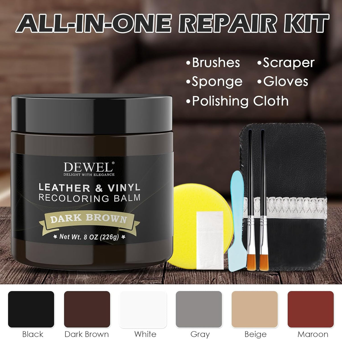 DEWEL Dark Brown Leather Repair Balm for Couches, Car Seats & Shoes