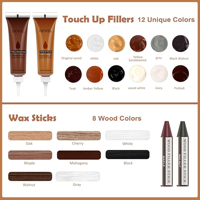 DEWEL 31 Pcs Wood Furniture Repair Kit – Fillers, Wax Sticks & Putty for Scratches