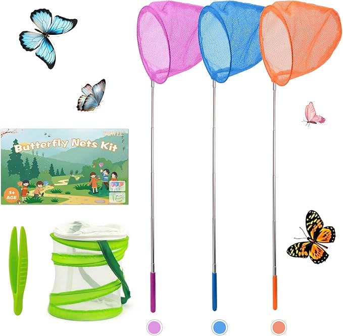 DEWEL 3 Pack Kids Telescopic Butterfly and Insect Nets with Pop-up Mesh Cage and Tweezers