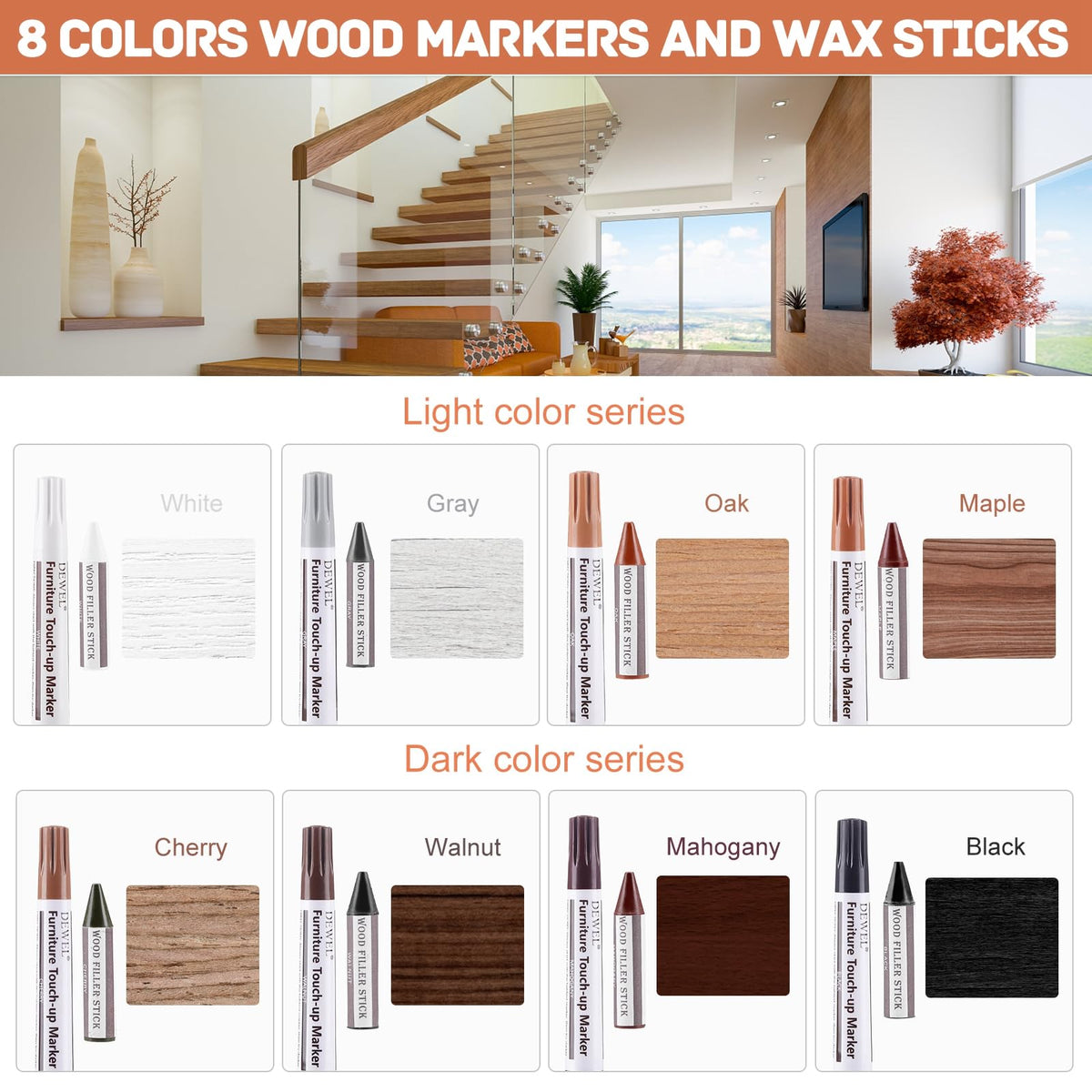DEWEL 42PCS Wood Furniture Repair Kit – Upgrade Wood Filler, Touch Up Markers & Wax Sticks for Scratches, Cracks & Holes
