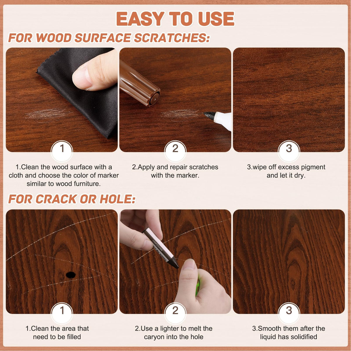 DEWEL 42PCS Wood Furniture Repair Kit – Upgrade Wood Filler, Touch Up Markers & Wax Sticks for Scratches, Cracks & Holes